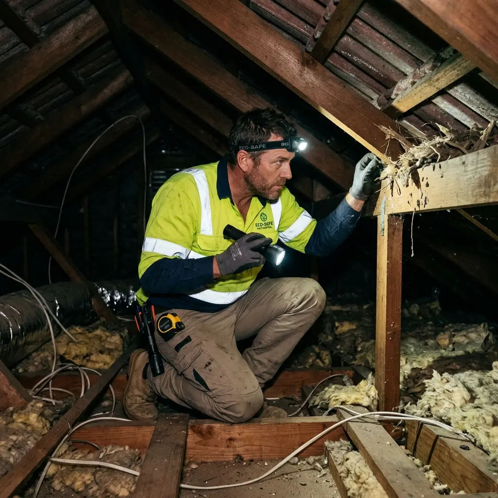 Technician inspecting a roof cavity for a dead animal in Somerville