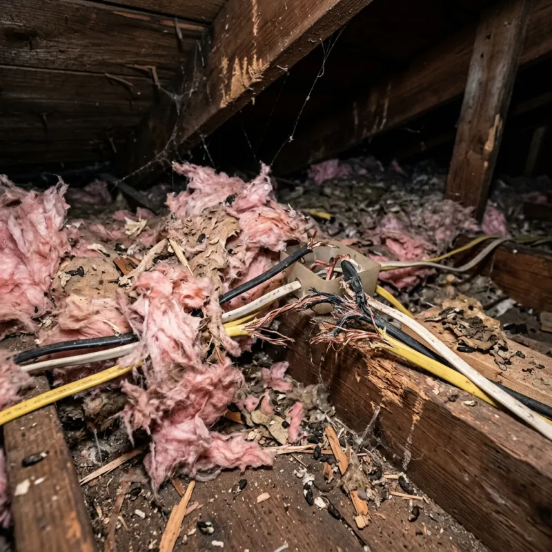 Contaminated ceiling insulation being assessed in a Somerville roof space