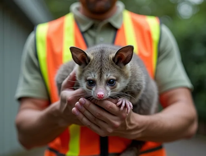 Animal handler safely recovering a deceased possum in Somerville