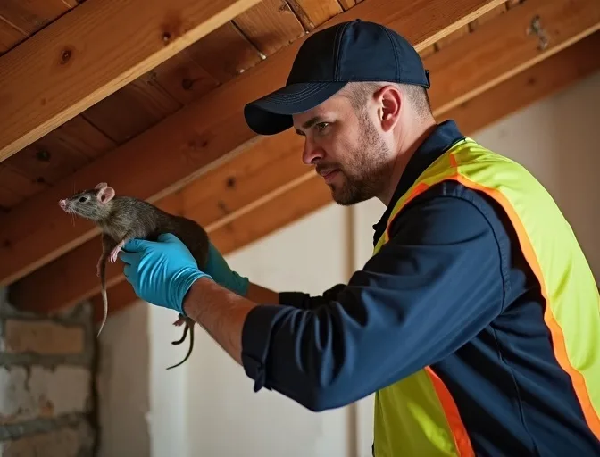 Technician inspecting a roof cavity for a dead rat in Somerville
