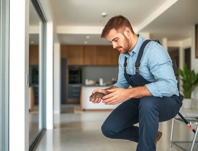 Technician in protective gloves removing a deceased rodent from a wall cavity in Somerville